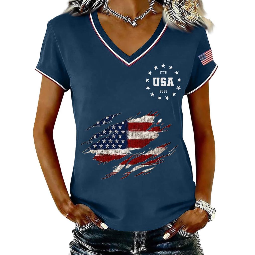 Womens V Neck Short Sleeve Pullover T Shirt with USA Independence Day Print Casual Loose Fit Top for Summer Daily Wear
