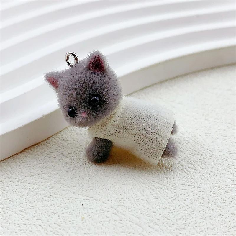 Dress Cat Pendant Cute 3D Hairy Flocking Animal Cat Charms Miniature Dolls Keychain Necklace Pendant DIY Crafts Jewelry Make