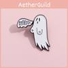 Stylish Alloy Pin Brooch With Whimsical White Ghost Design And Geometric Lettering