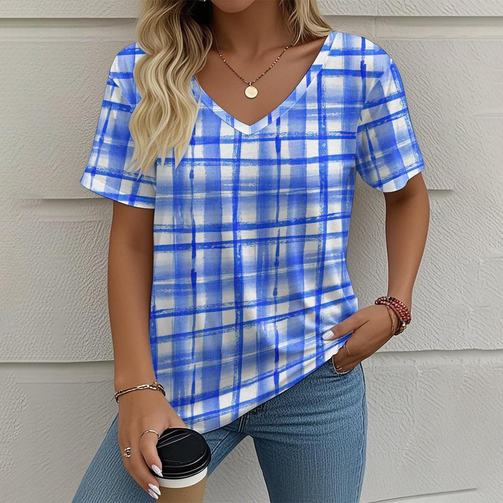 Summer Vintage Women's T-shirt Casual Plaid Pattern Printed Clothing Outdoor V-neck Short Sleeve Top Fashion Street T-Shirts