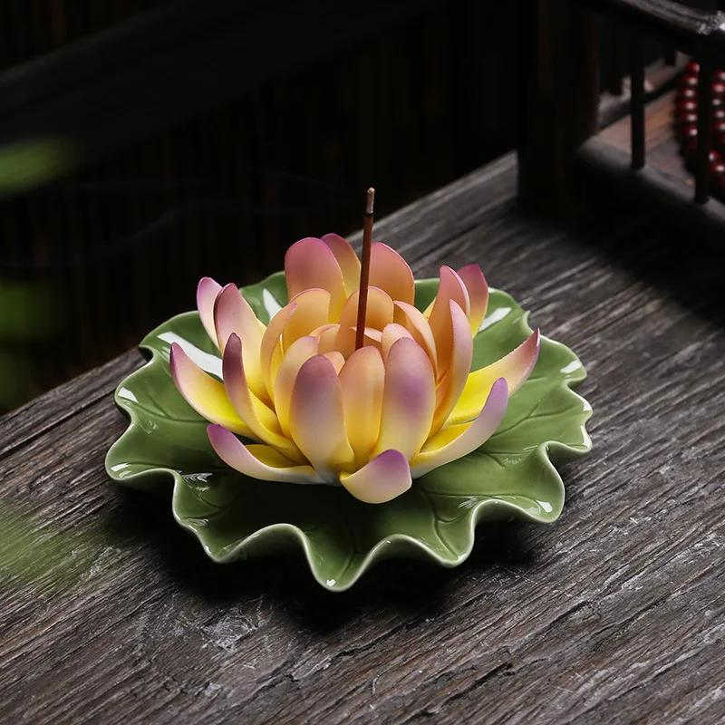 Y Handmade Large Lotus Flower Incense Burner Multi-Color Line Incense Holder Tea Room Office Home Decoration Buddha Home Decor