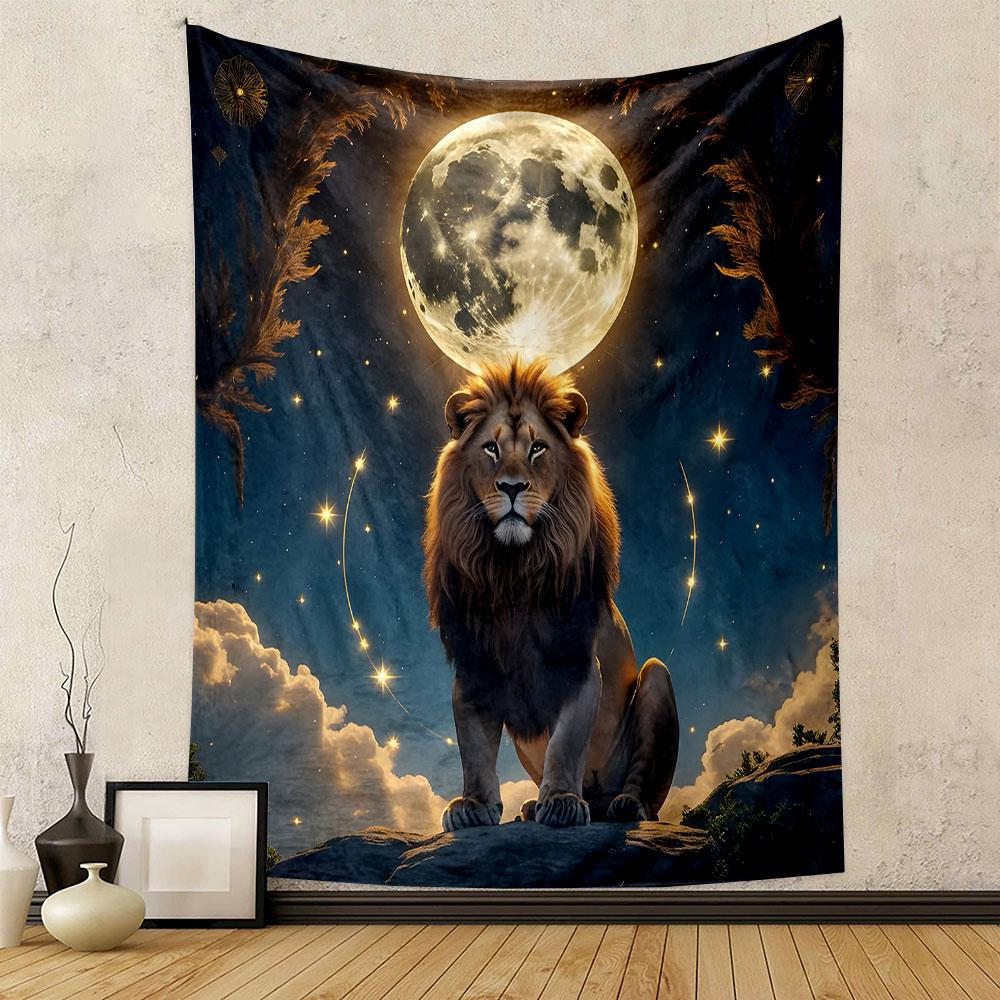 Majestic Lion Under Full Moon Sky Patterned Tapestry Decorative Wall Hanging, Home Bedroom Living Room Decor