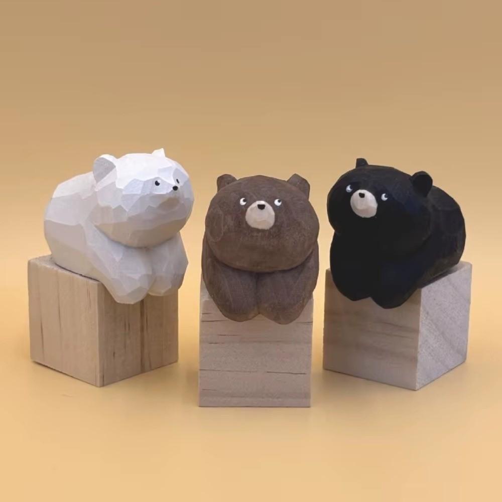Cute Wooden Carving Ornament Miniature Mini Bear Statue Wooden Bear Figurines  Desktop Decoration