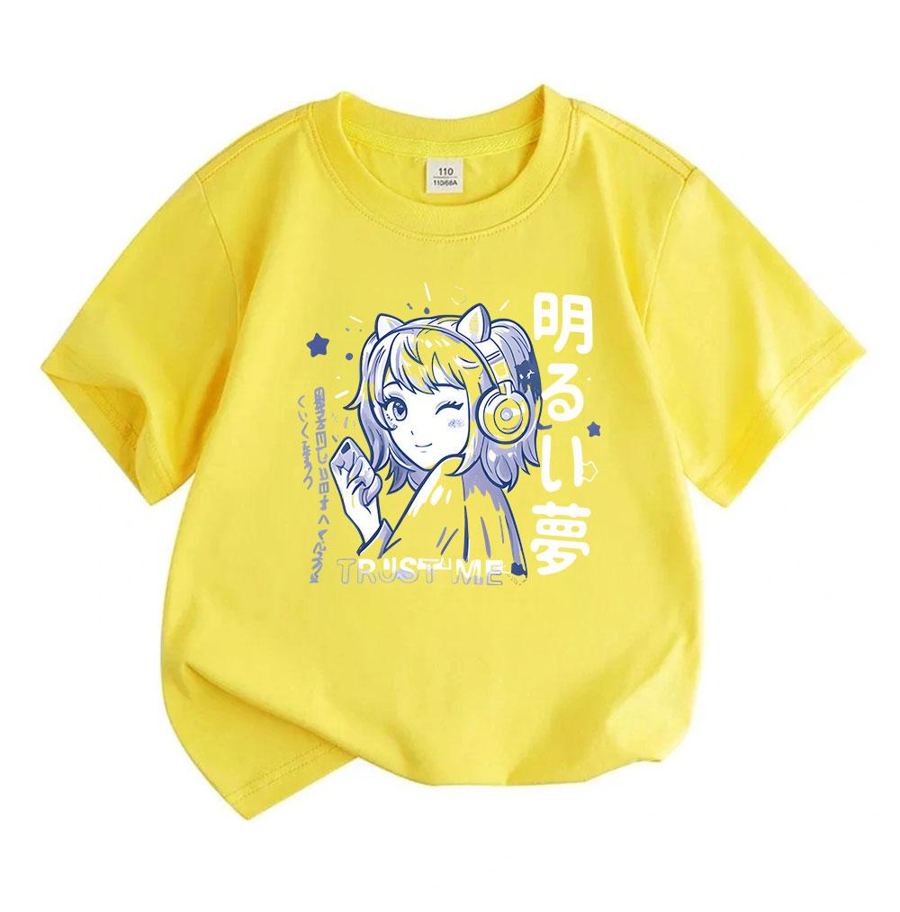 Kids Boys Girls 100% Cotton Crew Neck Short Sleeve T-Shirt, Cute Anime Girl With Headphones Graphic Casual Comfortable Tee For Daily Play, Soft Breath