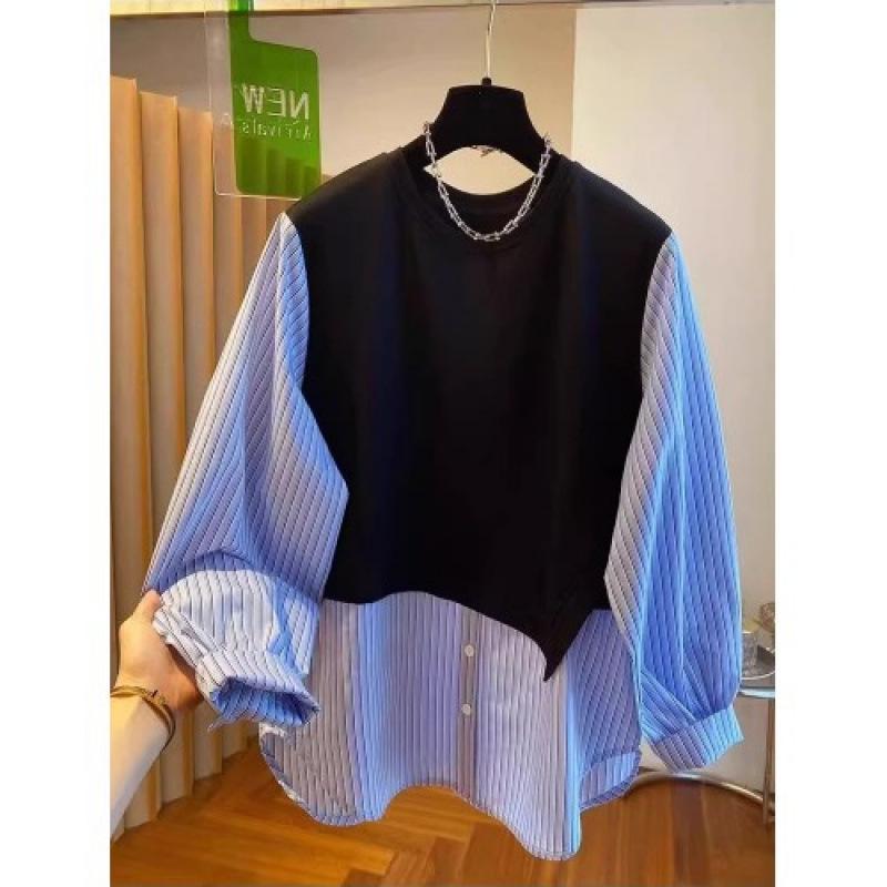 Damen Übergröße Gestreiftes Zwei-in-Eins Sweatshirt - Schlankmachendes Langarm-Oberteil für den frühen Herbst 2025