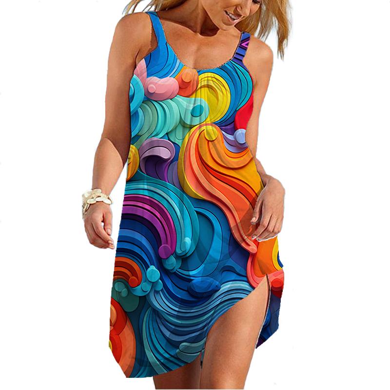 Sommer Neues 3D-gedrucktes Kleid Hawaiianisches Sexy Kleid Trägerärmel Traf Sommerkleid Lässig Camo Tanktop Damenkleid