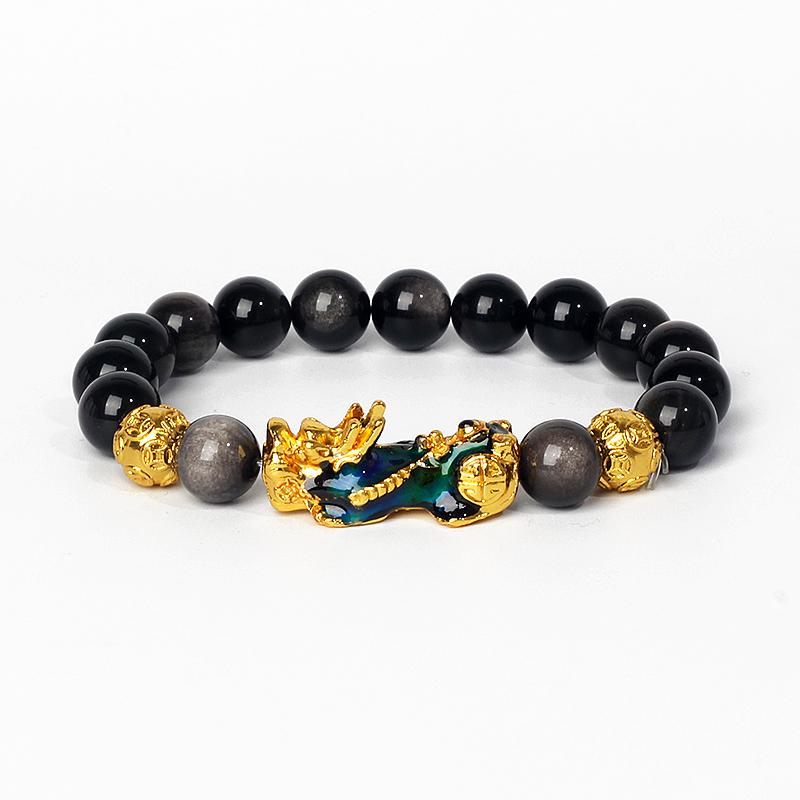 Feng Shui Black Obsidian Wealth Bracelets Men Color Changed Pi Xiu Bracelets Women 10mm Dragon Mantra Bead Bangle Lucky Jewelry