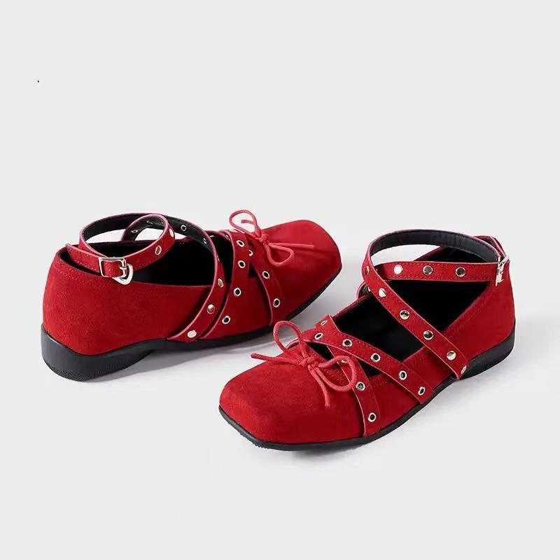 Spring Autumn Rivet Strap Buckle Faux Suede Bowknot Women Ballet Flats Mary Janes Walking Loafers Casual Girls Shoes