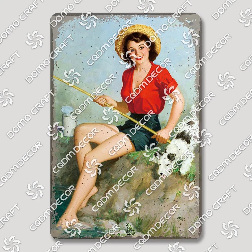 Vintage Znak Metalowy Blaszany Dziewczyny Wędkujące Retro Kobieta z Psami Dekoracja Ścienna dla Klubu Wędkarskiego Dom Wiejski