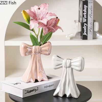 Lovely Bowknot Ceramic Vase Plant Pots Table Decoration Flowers Arrangement Shiny Porcelain Floral Vase Room Aesthetic Decor