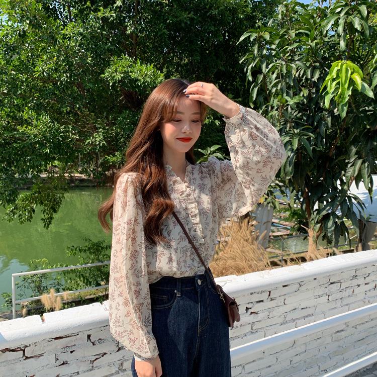 2025 Chic Korean Style Floral Chiffon Women's Long-Sleeve Puff Shirt