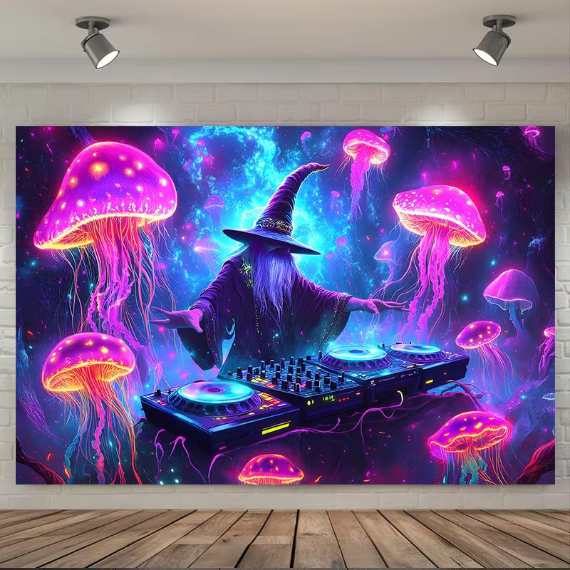 Neon DJ Wizard & Jellyfish Tapestry, Psychedelic Space Wall Art for Bedroom & Music Events