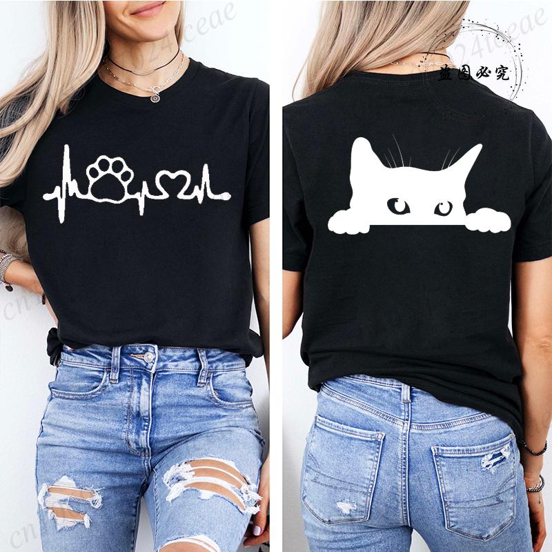 Cute Black Cat Print Crew Neck Womens TShirt Clothing Short Sleeve Casual Tee Tops for All Season Cat Lover Womens Clothing
