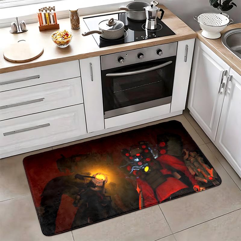 Skibidi Toilet Flannel Kitchen Floor Mat Absorbent Non-Slip Soft Standing Mat Washable Comfortable Kitchen Rug for Home Sink Laundry
