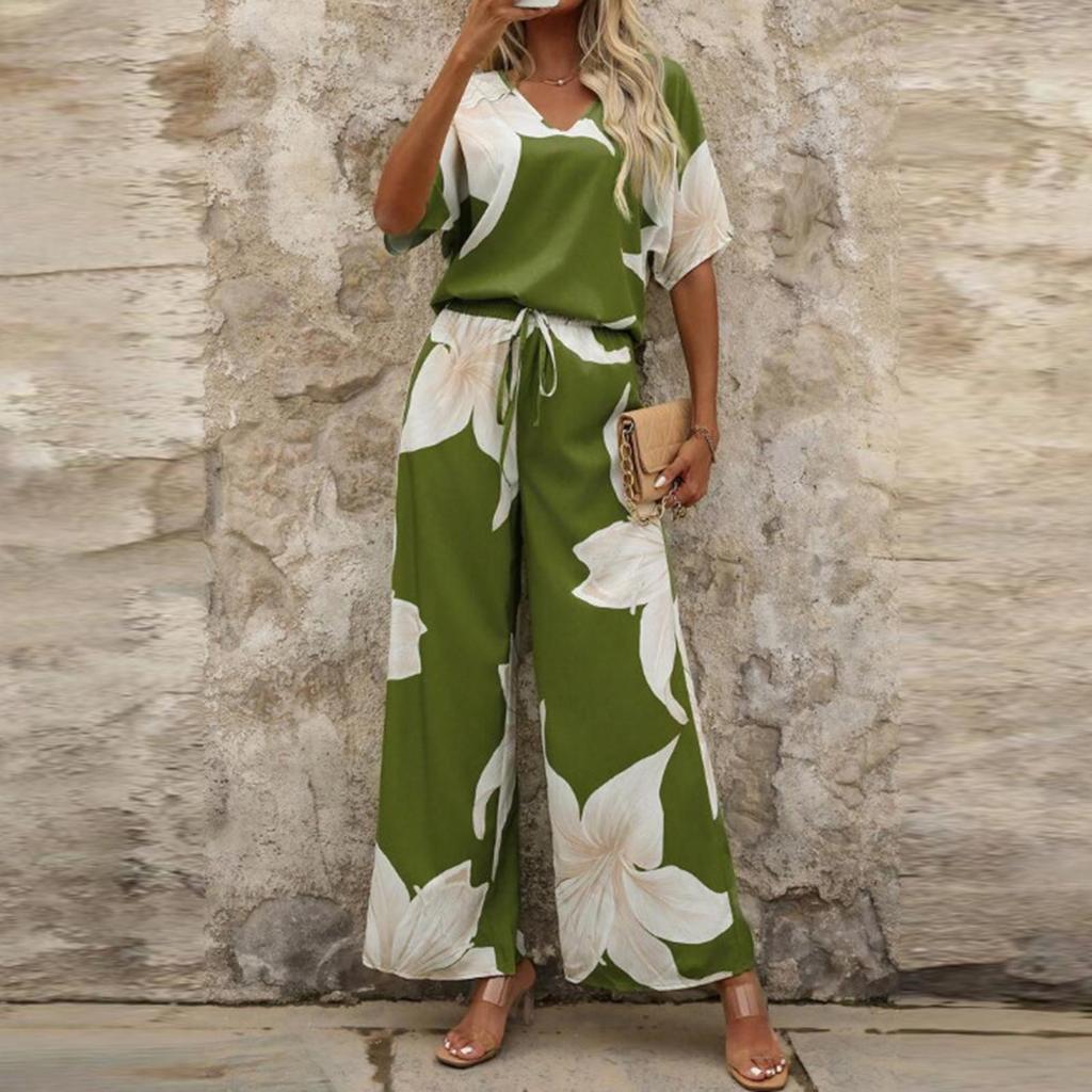 Women's Fashion Casual Floral Print V-Neck  Short Sleeve Top Pants Set