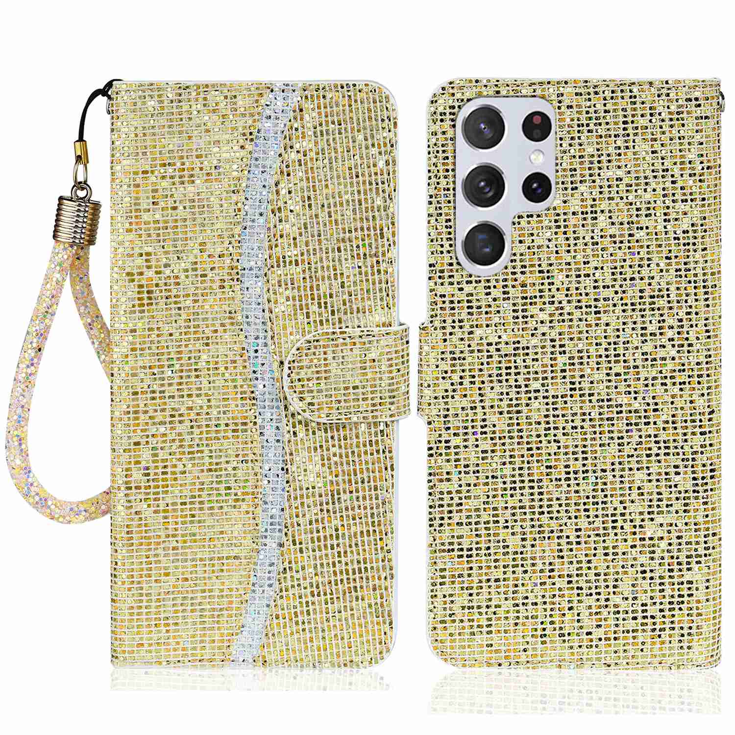 

For Samsung Galaxy S25 Ultra Case PU Leather Wallet Card Slots Glitter Phone Cover Gold