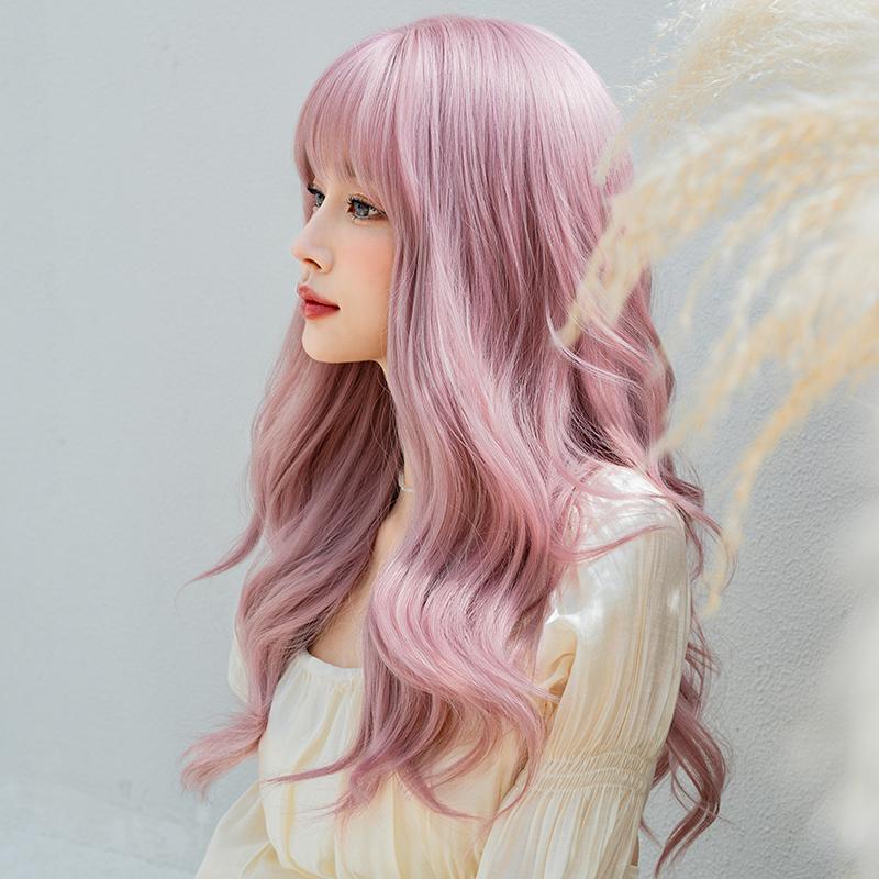 Professional  WIGS Long Body Wavy Sakura Pink Wig for Sweet Girl High Density Synthetic Loose Curly Hair Wig with Bangs Beginner Friendly