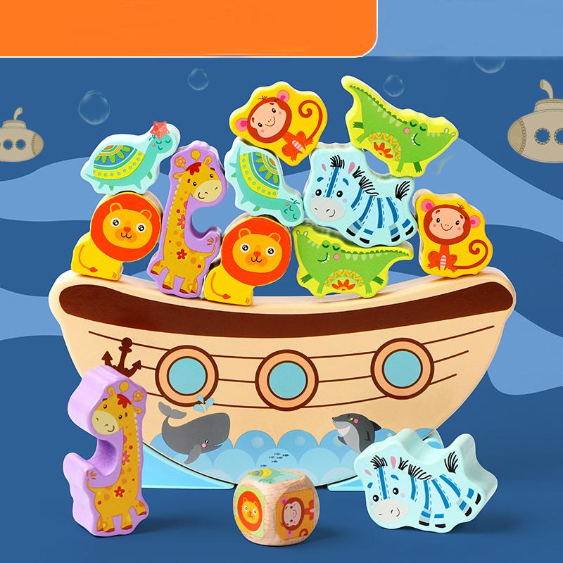 

Montessori Animal Stack Balance Game Wooden Marine Life Throwing Dice Stacking Building Blocks Balance Training Educational Toys