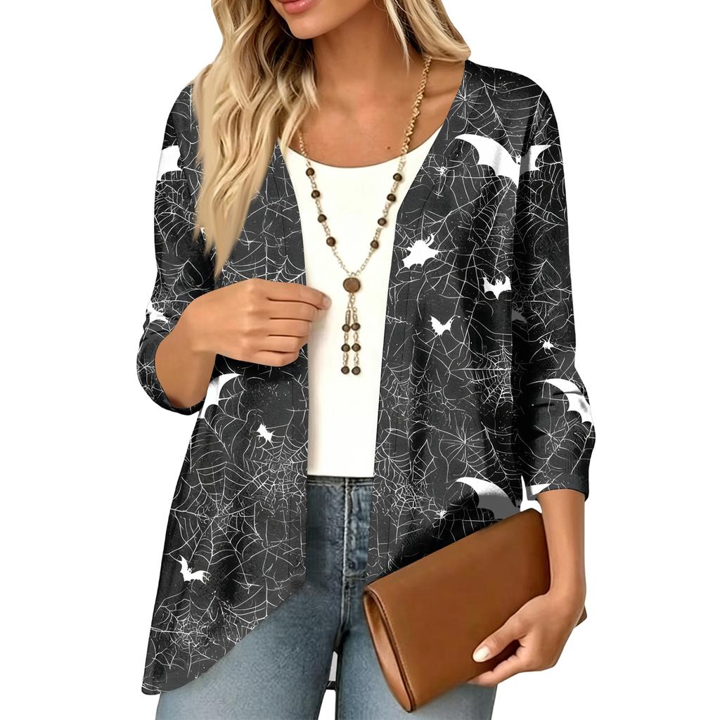 Cardigan décontracté léger ample à manches 3/4 imprimé pour femme pour Halloween