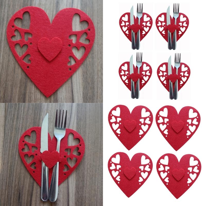 4pcs Nonwoven Cutlery Bag Pocket Valentines Day Heart Fork Knife Spoon Holder Kitchen Tableware Organizers Table Decor