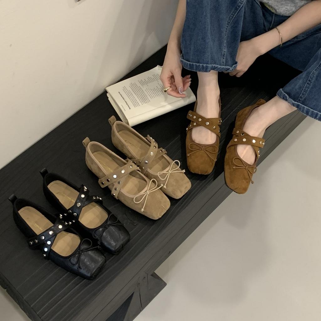 FengLiDa Retro Square Head with Single Shoes Women's 2025 Autumn Bow Light Mouth Commuting Ladyshoes Grandma Shoes