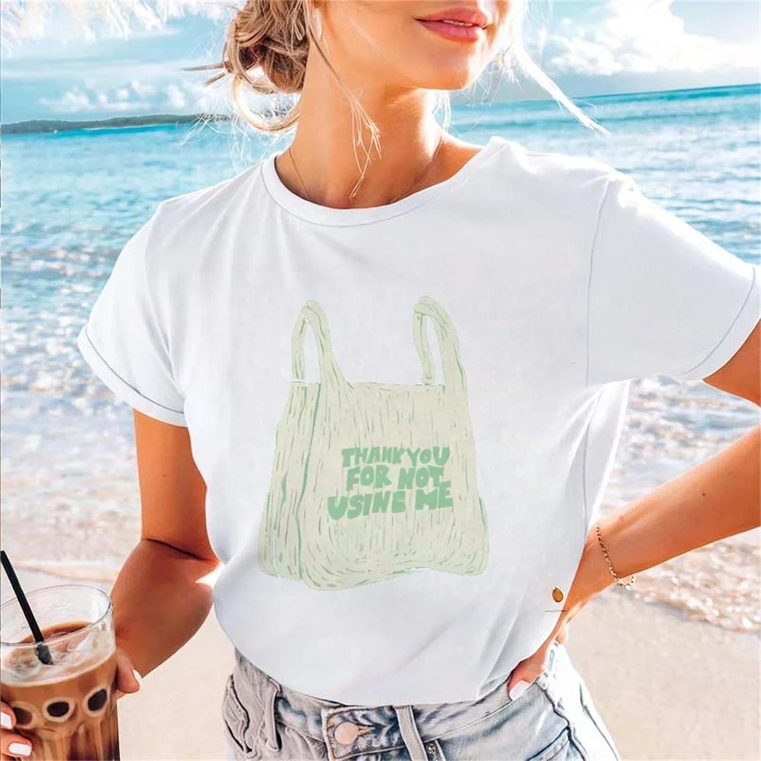 New Women s T-Shirt Fun Shopping Bag Pattern Printed Cartoon T-Shirt Women s Fashion Basic Harajuku Women s Summer Travel Top S