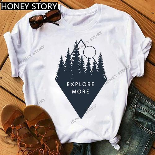 Mountain Print T-shirt Casual Harajuku T-shirt Beautiful Mountain Print Men's and Women's Trend Short Sleeve Summer polyester