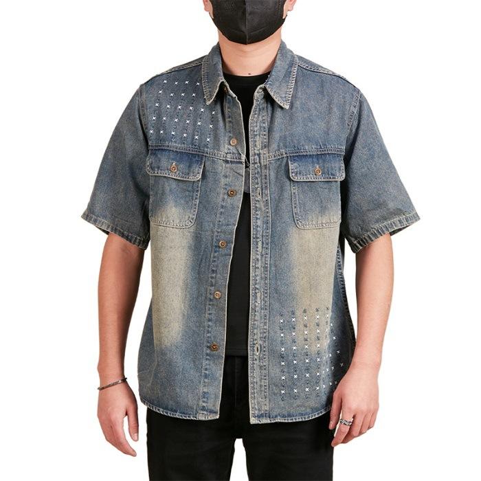 

Летняя ретро джинсовая рубашка мужская с коротким рукавом свободный топ вышитая повседневная рубашка 5XL