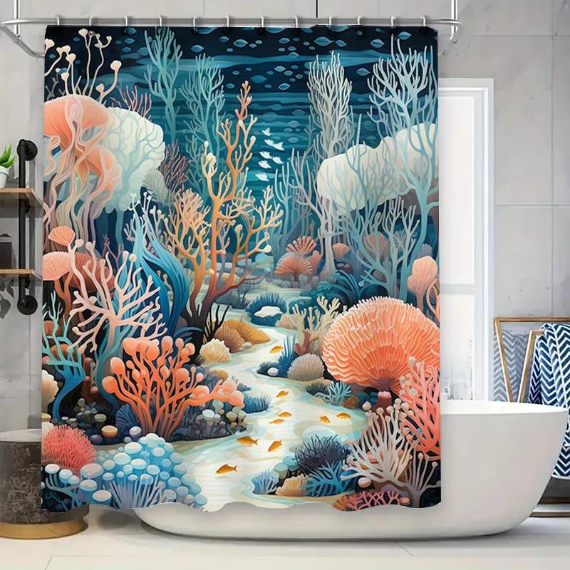 

Underwater World Coral Reef Shower Curtain Set Blue, White Pink Flower Design For Home Bathroom Decor W60H190(CM)-1 Pcs