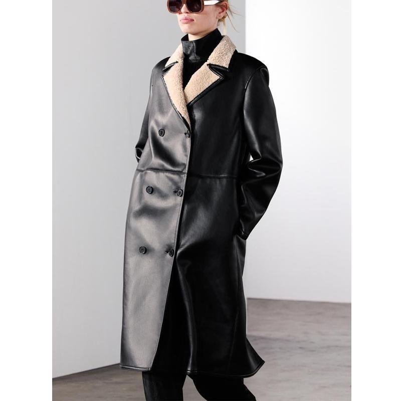 Fall and Winter New Women's Clothing French Double Breasted Poly Urethane Leather Long Sleeves Lapel Double-Sided Coat Outwear 2969260