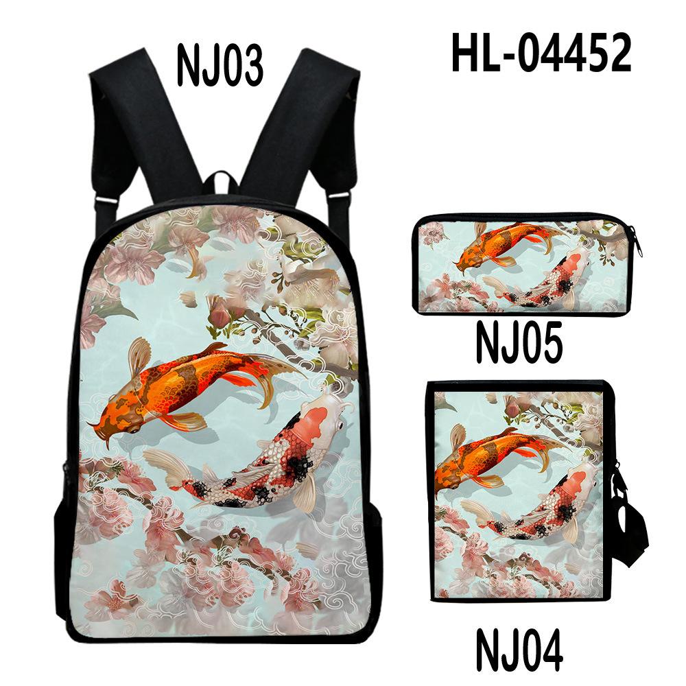Classic Novelty Cool Koi Carp 3D Print 3pcs/Set Pupil School Bags Laptop Daypack Backpack Inclined Shoulder Bag Pencil Case