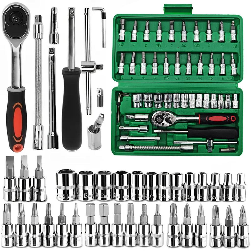 46-Piece 1/4 Inch Ratchet Socket Wrench Set, Chrome Vanadium for Auto Repair & Home Use