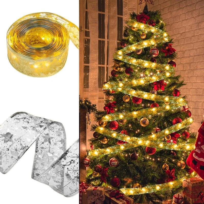 Christmas Ribbon Fairy Light Christmas Decoration DIY Bows String Light Tree Ornaments For Home 2025 Xmas Decor New Year Navidad