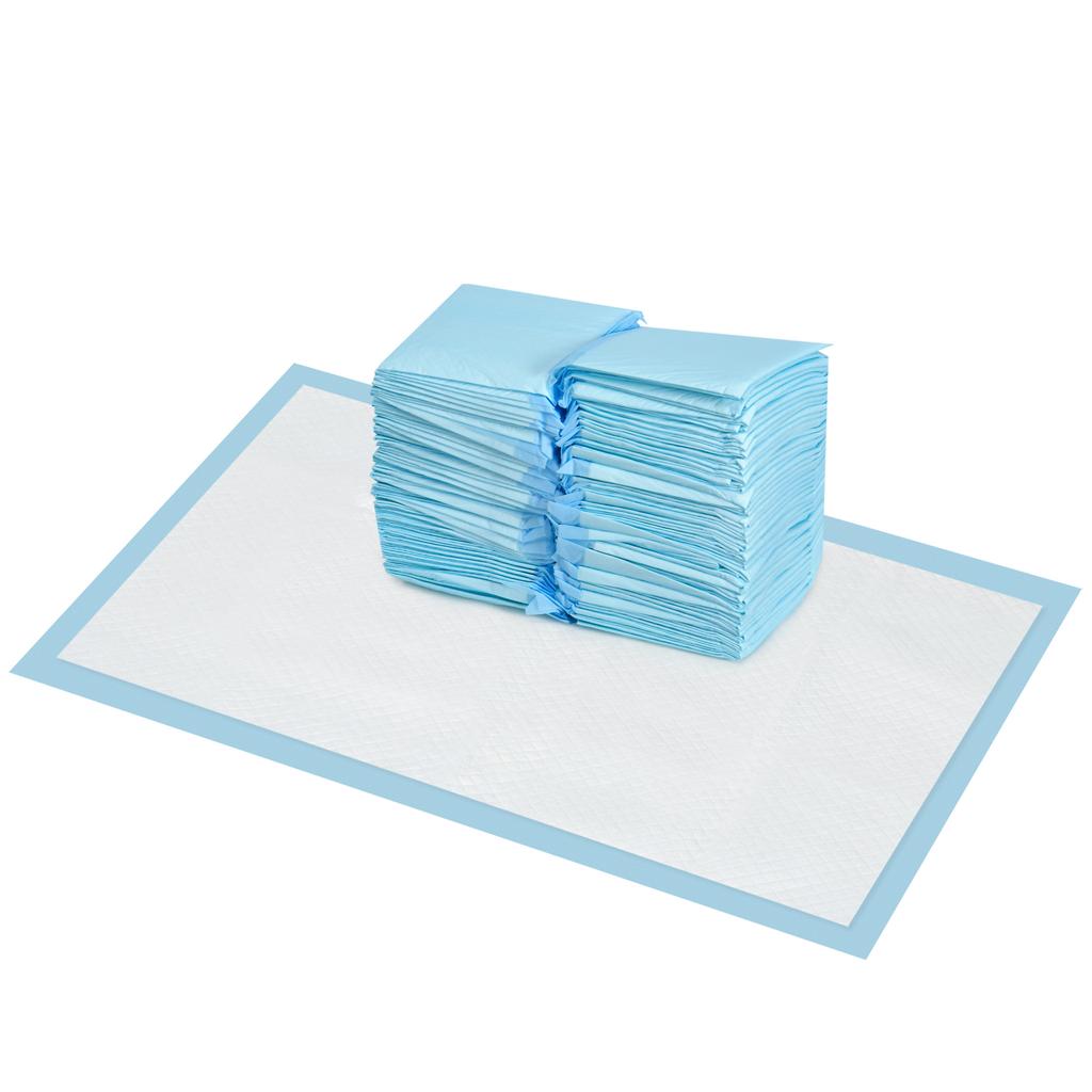 Set of 100 6-Layer Non-Woven, Paper, and PE Dog Toilet Pads, 45x60 cm, Blue and White