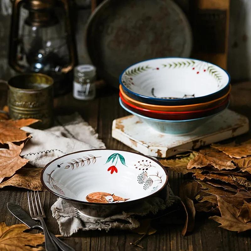 8 inch Ceramic Bowl Noodle Bowl Forest Animal Design Large Creative Restaurant Household Flower