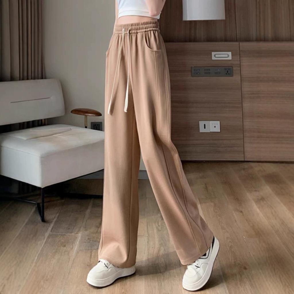 Women's High Waist Wide Leg Pants Loose Fit Straight Sweatpants Drawstring Pocket Spring American Casual Banana Trousers