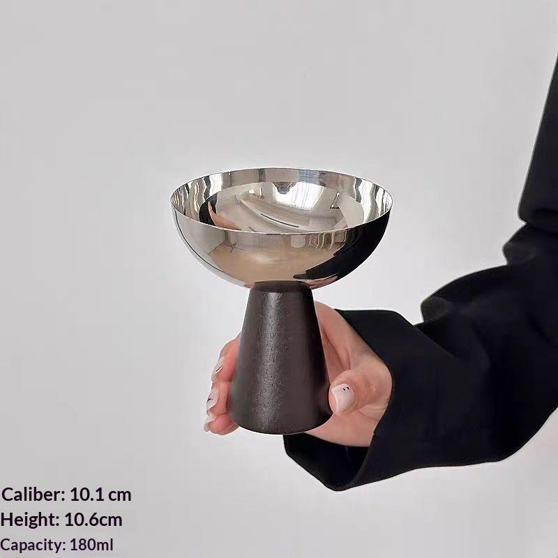 Stainless Steel Pedestal Dessert Bowl With Shiny Mirror Surface And Stable Wooden Base Perfect For Serving Ice Cream Pudding