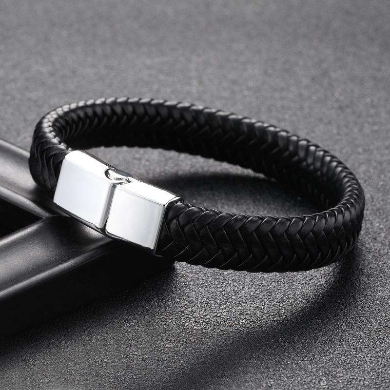 Bracelet en cuir tressé noir pour hommes, Bracelet infini en métal, fermoir magnétique, manchette, cadeau d'anniversaire