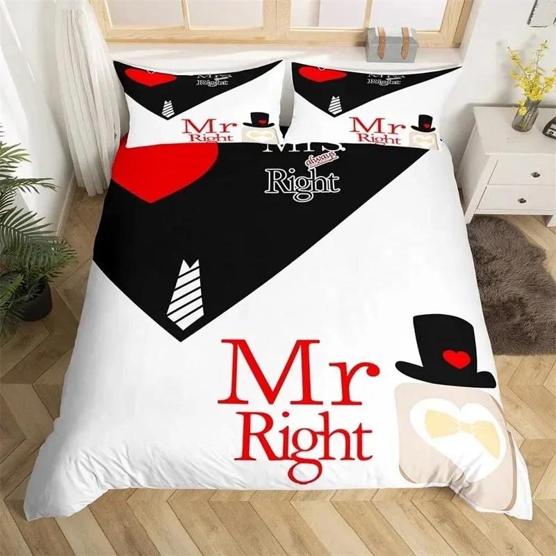 Mr Mrs Bedding Set Microfiber Romantic Wedding Theme Duvet Cover Set King For Valentine Day Funny Quotes Love Heart Quilt Cover