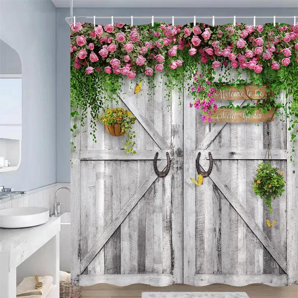 

Занавески для душа в деревенском стиле с изображением деревянной двери, амбарное колесо, зеленое растение, серая доска, занавеска для ванной, полиэстеровая ткань, декор для ванной комнаты с крючками 210x180cm-83x70in
