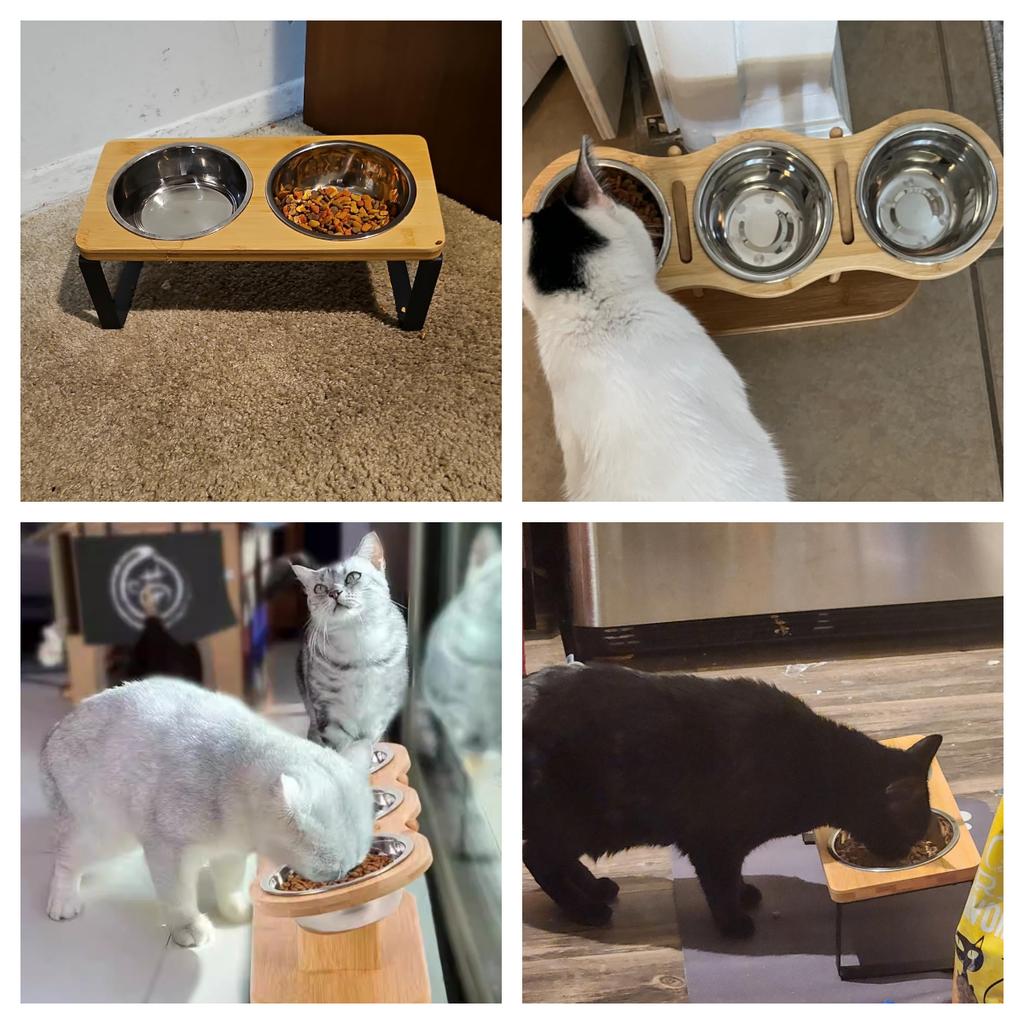 3-in-1 Elevated Pet Feeder Wooden Raised Stand with 3 Stainless Steel Bowls Neck Protection Food Water Dish for Cats Small Dogs