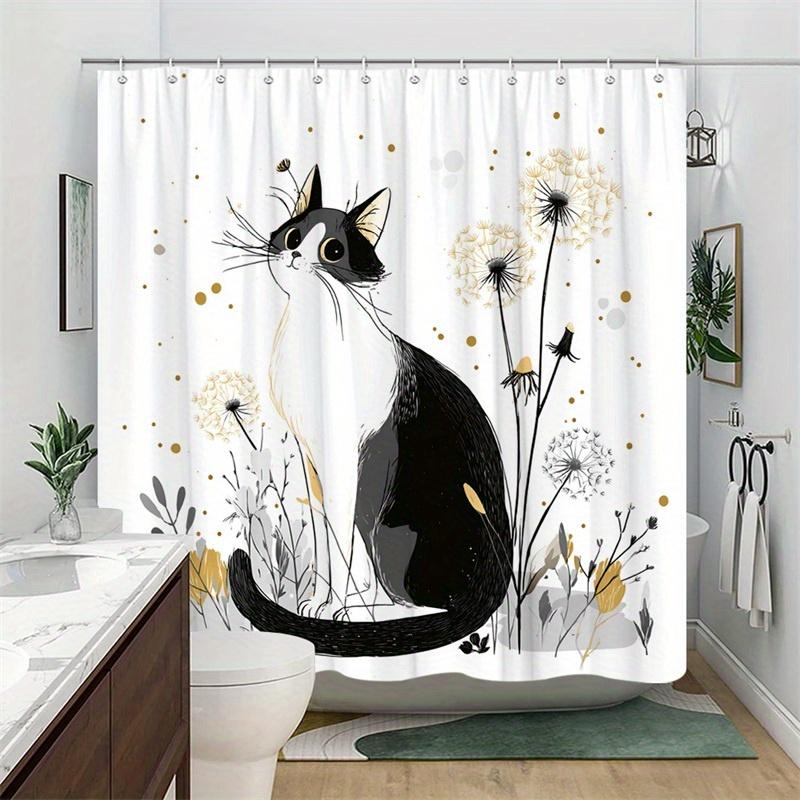 1pc Black and White Cat and Dandelion Shower Curtain - Polyester Fabric, Machine Washable, Suitable for Bathroom Decoration