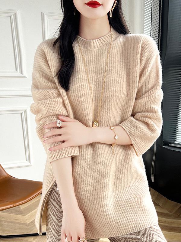 Women's Mid-Length Cashmere Sweater - Pleated Slit, Round Neck Knitwear for Autumn/Winter