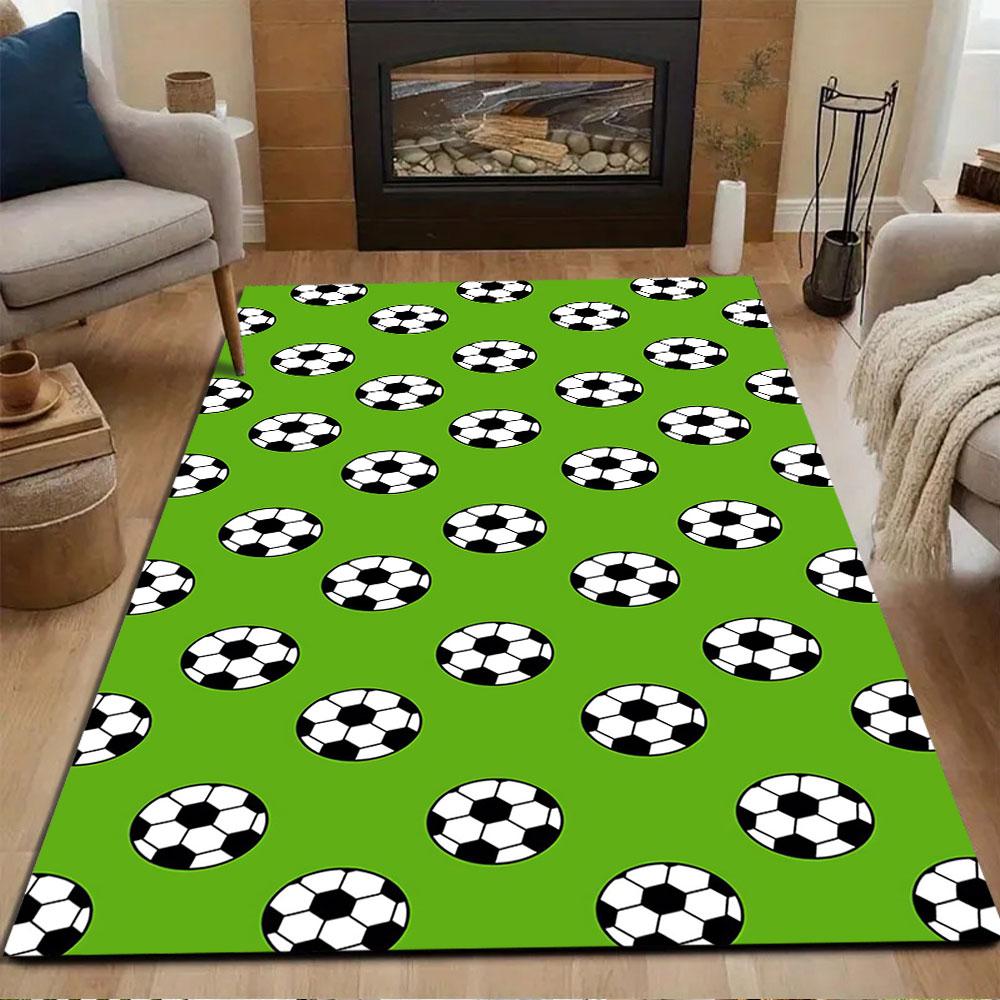Soccer Ball Pattern on Green Patterned carpet, non slip mat suitable for living room and bedroom sofas