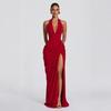New women's clothing sexy deep V neck halter strap waist slim high split dress skirt