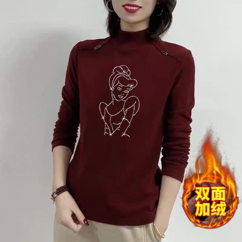Thickened Warm Semi-turtleneck Bottoming Shirt for Women's Autumn and Winter New Slim-fitting Long-sleeved Solid-color Middle-aged Top for Women