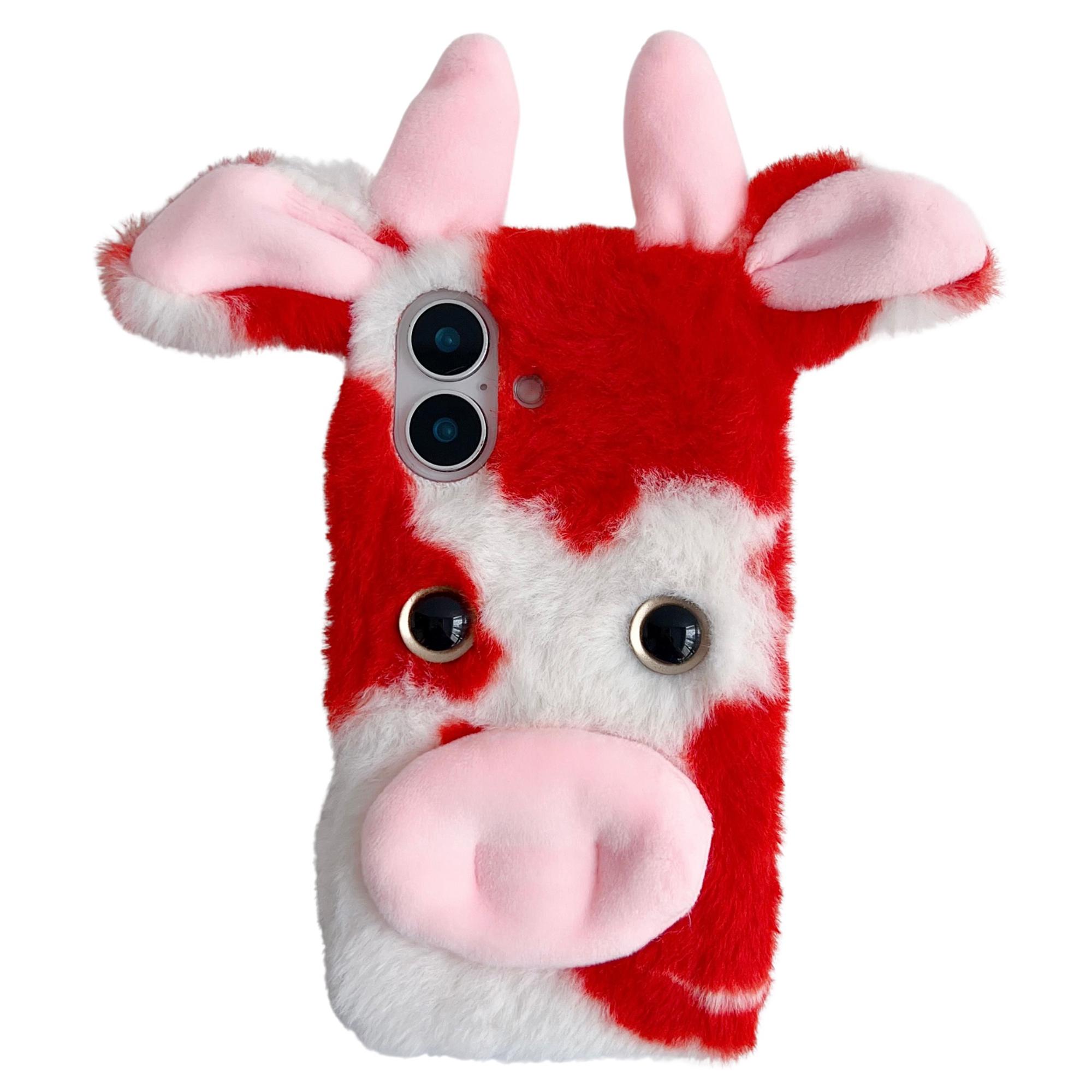 

For iPhone 16 Case Fluffy Cows Ear Soft TPU Slim Phone Cover Red