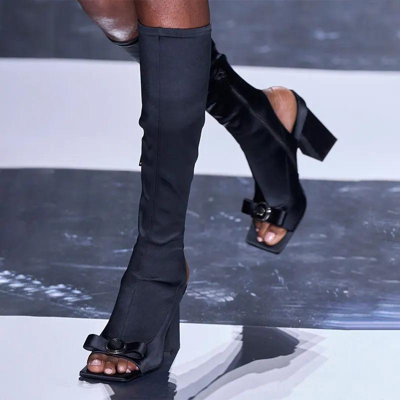 Fashion Walking Show High Heel Open Toe Fish Mouth Cool Boots 2025 Spring Autumn New Women Square Head Bow Decoration Knee Long Boots 44