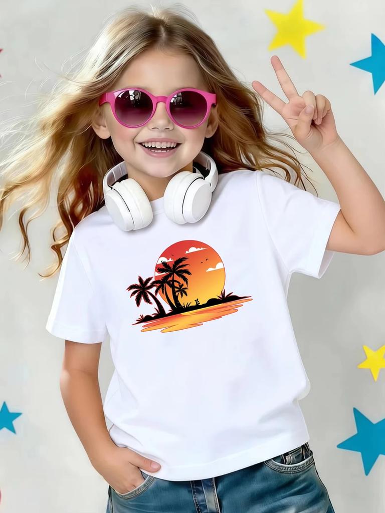 Kids Crew Neck Short Sleeve T Shirt Sunset Beach Palm Tree Island Print Boys Girls Summer Vacation Casual Tee Tops
