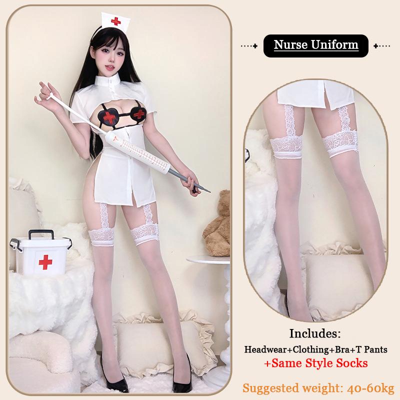 Nurse Uniform Mini Dress Exotic Women Doctor Hollow Lingerie Cosplay Short Sleeve Maid Outfits Sweet High Waist Sexy Sheer Skirt